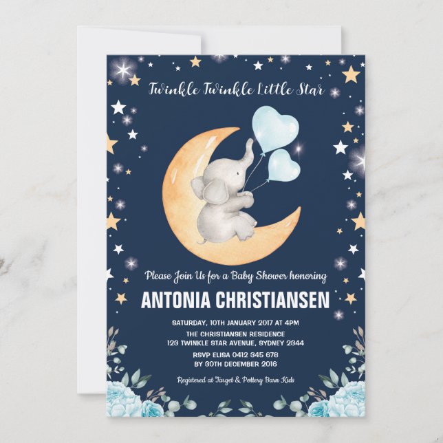 Invitation Twinkle Little Star Elephant Moon bébé garçon douc (Devant)