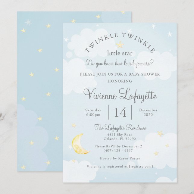 Invitation Twinkle Little Star et Moon Sky Baby shower bleu (Devant / Derrière)
