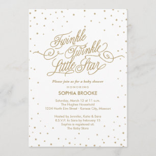 Invitation Twinkle Little Star Fancy Gold & Baby shower blanc