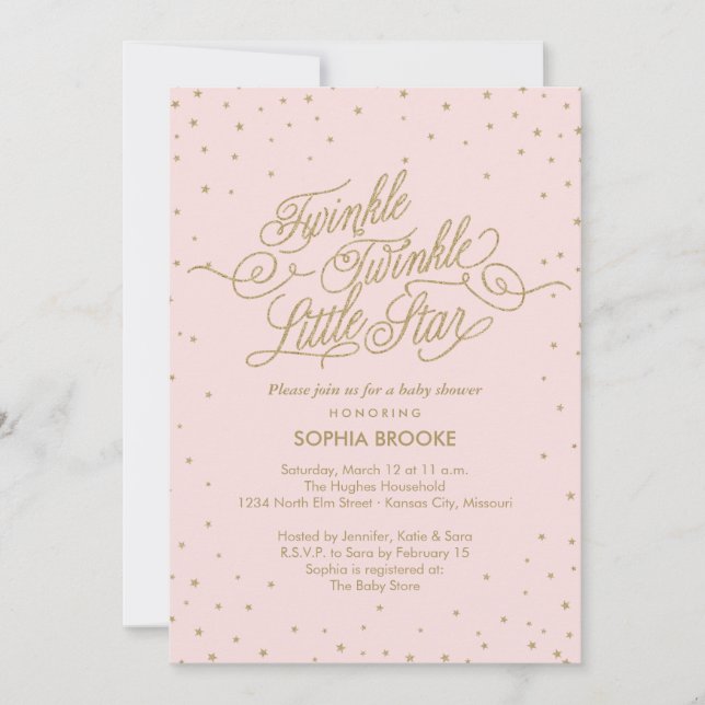 Invitation Twinkle Little Star Fancy Gold & Baby shower rose (Devant)