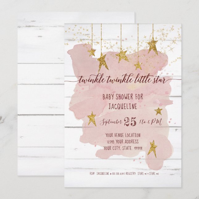 Invitation Twinkle Little Star Gold Baby shower fille en bois (Devant / Derrière)