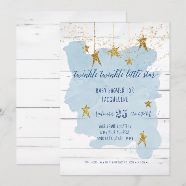 Invitation Twinkle Little Star Gold Baby shower garçon en boi (Devant / Derrière)