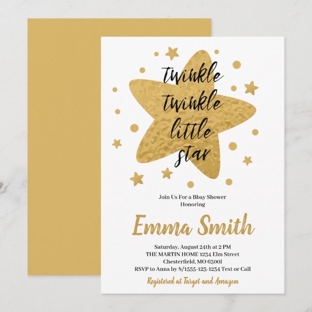 Invitation Twinkle Little Star Gold Stars Baby shower (Devant / Derrière)