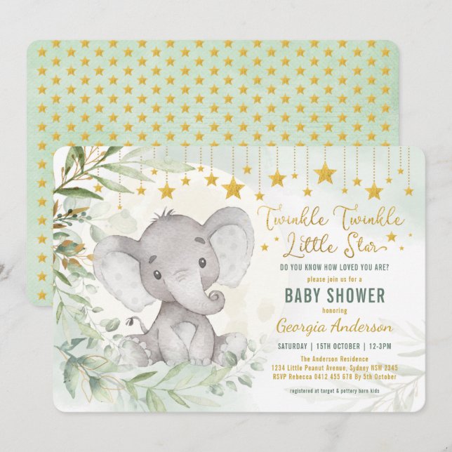 Invitation Twinkle Little Star Green Elephant Baby shower (Devant / Derrière)