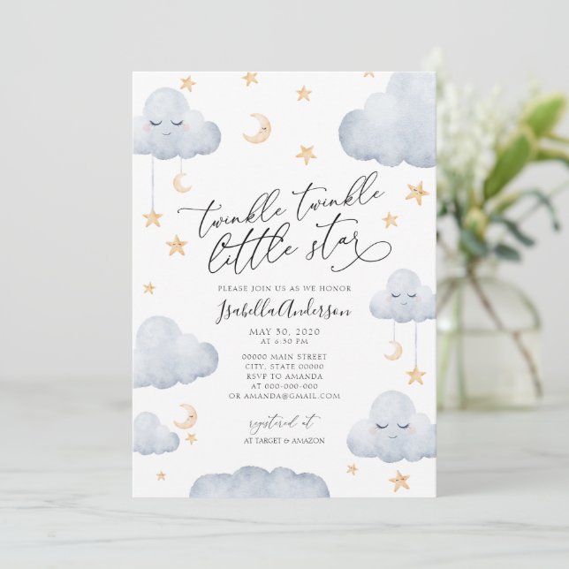 Invitation Twinkle Little Star Jaune Baby shower neutre (Debout devant)
