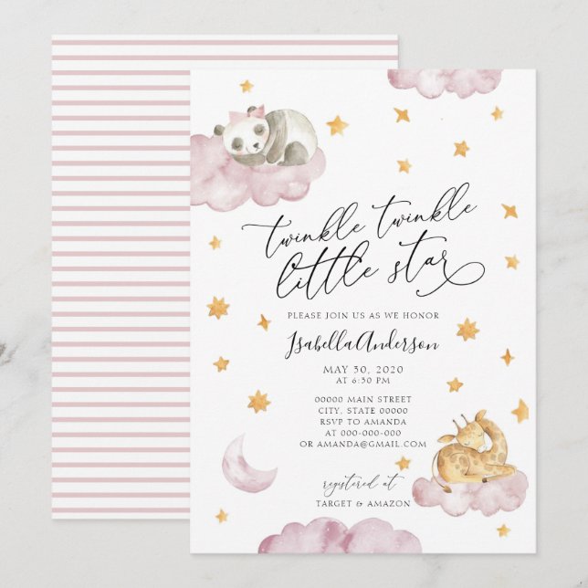 Invitation Twinkle Little Star Jaune Rose Baby shower fille (Devant / Derrière)