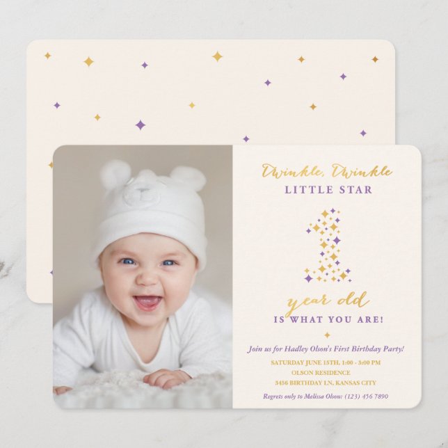 Invitation Twinkle Little Star Lavender & Gold Premier annive (Devant / Derrière)