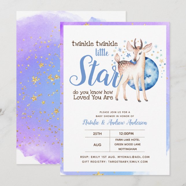 Invitation Twinkle Little Star Little Deer Blue Gold Modern (Devant / Derrière)