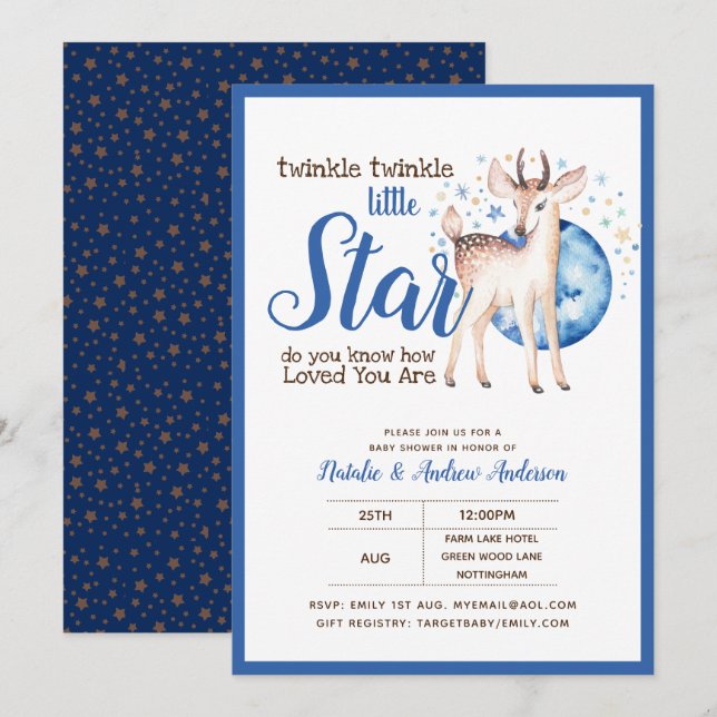 Invitation Twinkle Little Star Little Deer Blue Gold Modern (Devant / Derrière)