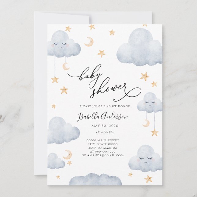 Invitation Twinkle Little Star Moon Baby shower bleu jaune (Devant)