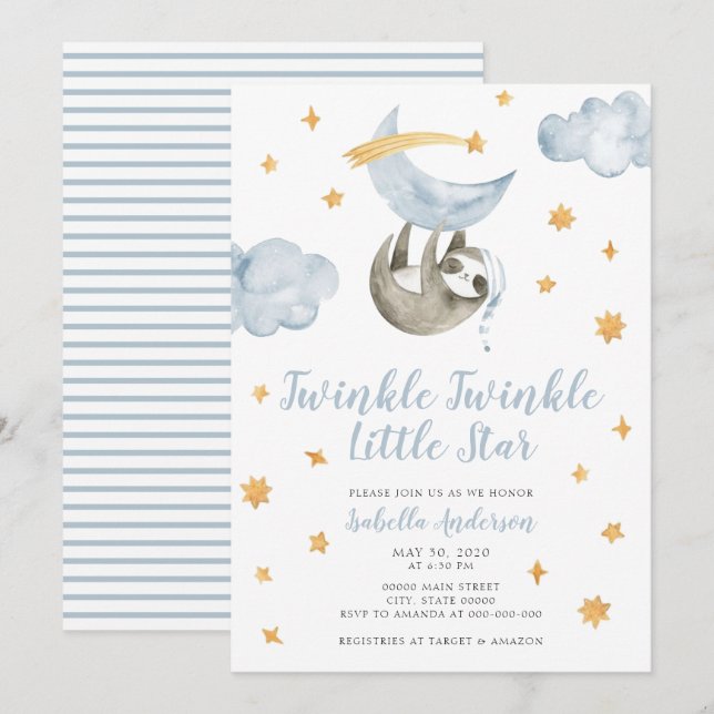 Invitation Twinkle Little Star Moon Blue Boy Baby shower (Devant / Derrière)