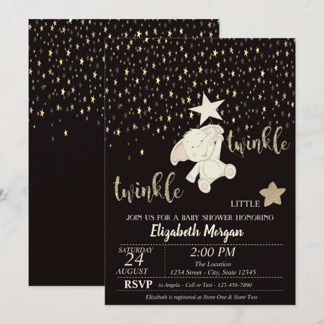 Invitation Twinkle Little Star Noir, Or, Baby shower d'ours (Devant / Derrière)