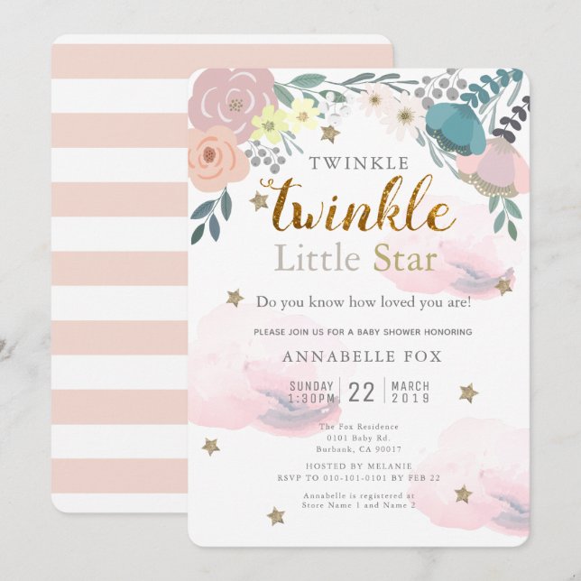 Invitation Twinkle Little Star rose Baby shower floral (Devant / Derrière)