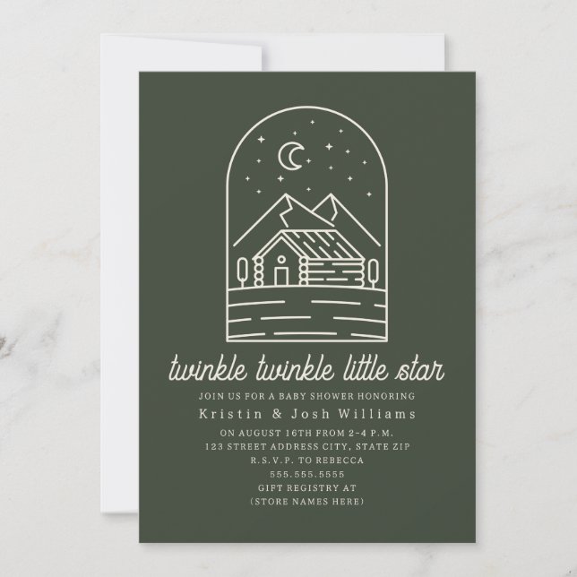 Invitation Twinkle Little Star Rustic Green Baby shower (Devant)