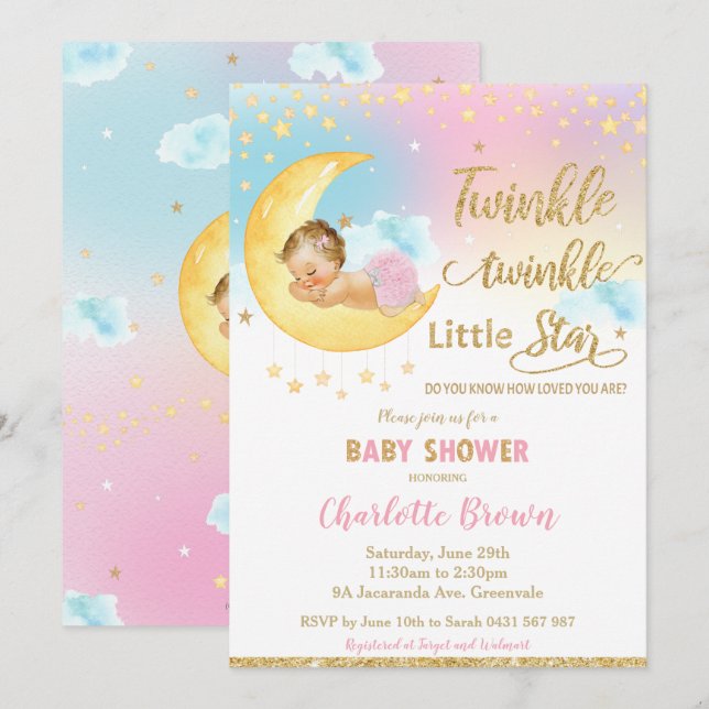 Invitation Twinkle Little Star Sleeping Baby shower Girl Inv (Devant / Derrière)