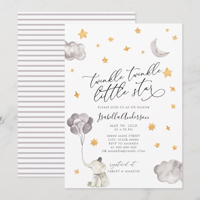 Invitation Twinkle Little Star Yellow Elephant Baby shower (Devant / Derrière)