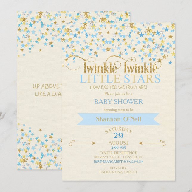 Invitation Twinkle Little Stars Twin Baby Boys Gold Blue (Devant / Derrière)