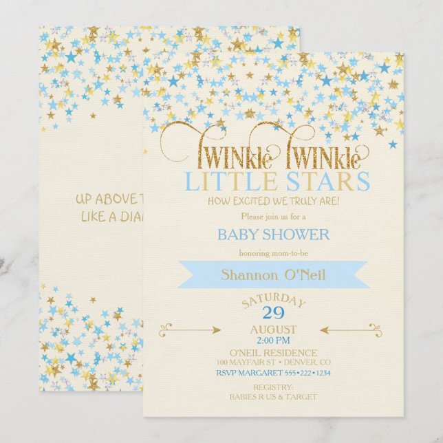 Invitation TWINkle Little Stars Twin Baby Boys Gold Blue (Devant / Derrière)