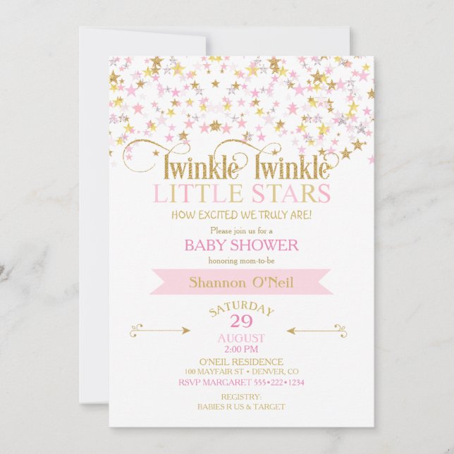 Invitation Twinkle Little Stars Twins Baby shower Rose Gold (Devant)