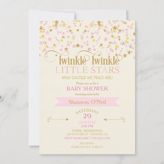 Invitation Twinkle Little Stars Twins Baby shower Rose Gold (Devant)