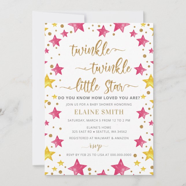 Invitation Twinkle petit Baby shower Star Gold Rose fille (Devant)