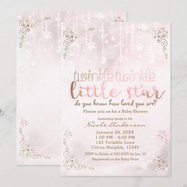Invitation Twinkle petit Baby shower Star Pink Gold Sparkle (Devant / Derrière)