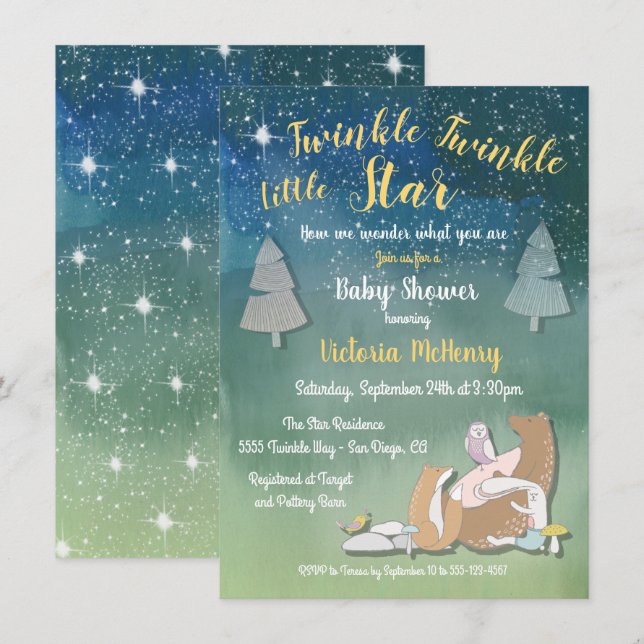 Invitation Twinkle petit étoile d'aquarelle animaux baby show (Devant / Derrière)
