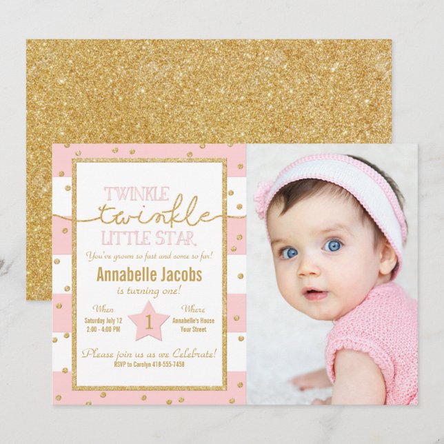 Invitation Twinkle rose et or photo d'anniversaire (Devant / Derrière)