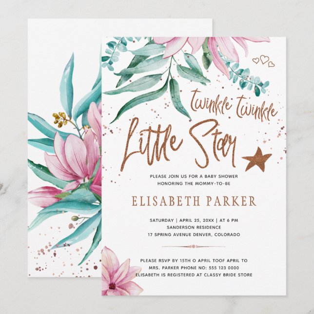 Invitation Twinkle scintille petit baby shower floral étoile (Devant / Derrière)