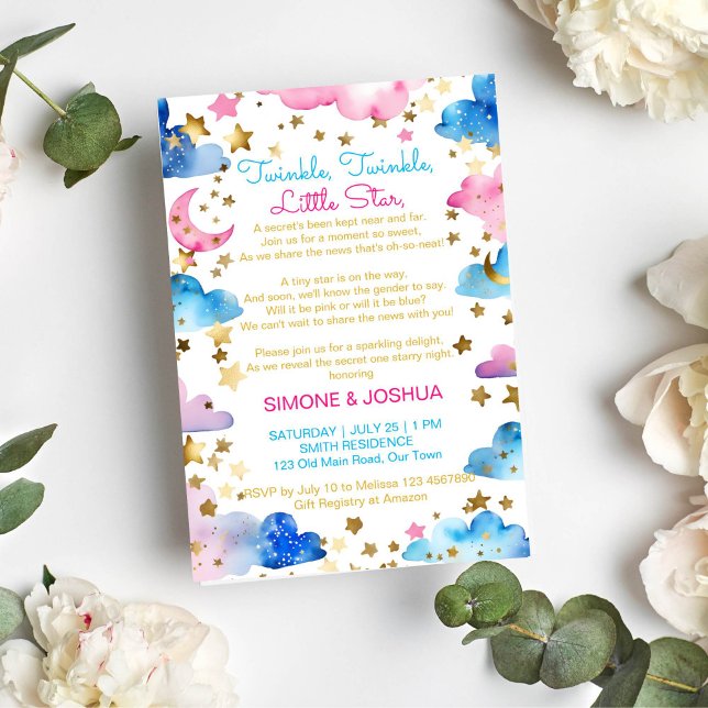 Invitation Twinkle scintillement petit star genre révéler poè (Twinkle twinkle little star poem gender reveal party template invitation instant download pink blue)