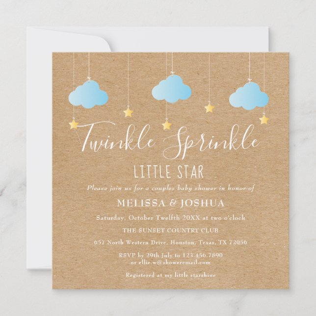 Invitation Twinkle Sprinkle Little Star Baby shower rustique (Devant)