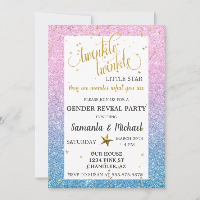 Invitation Twinkle Star Ombre Parties scintillant Sexe Reveal (Devant)