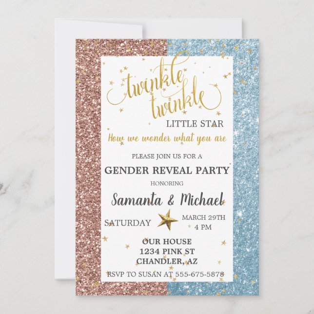 Invitation Twinkle Star Parties scintillant Gold Genre Reveal (Devant)