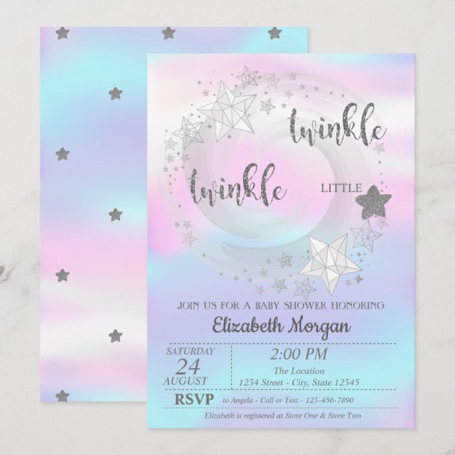 Invitation Twinkle Star Silver HolographeBaby Shower Invitati (Devant / Derrière)