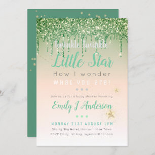 Invitation TWINKLE STAR Vert rose or Parties scintillant bébé