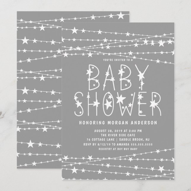 Invitation Twinkle Stars Baby shower neutre genre (Devant / Derrière)