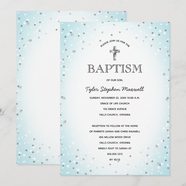Invitation Twinkle Stars et Cross Blue Baby Boy Baptism (Devant / Derrière)