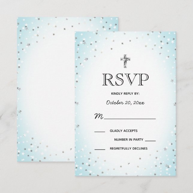 Invitation Twinkle Stars et Cross Blue Baby Boy Baptism RSVP (Devant / Derrière)