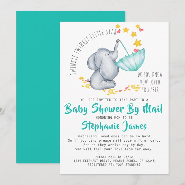 Invitation Twinkle Twinkle Elephant Baby shower par courrier (Devant / Derrière)