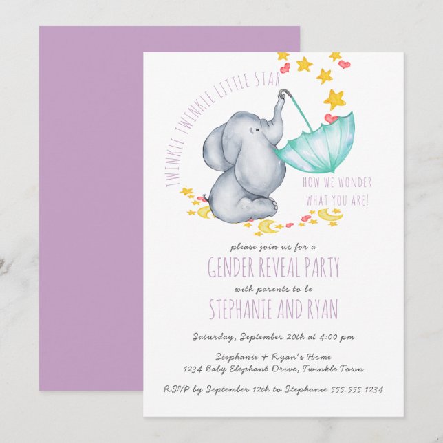 Invitation Twinkle Twinkle Elephant Lilac Révélation de genre (Devant / Derrière)