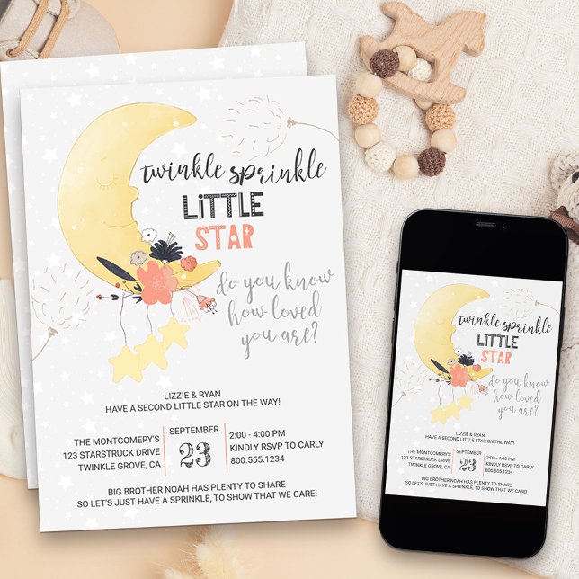 Invitation Twinkle Twinkle Floral Moon Baby Sprinkl (Twinkle twinkle little star baby sprinkle invitation)