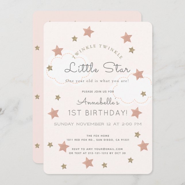 Invitation Twinkle Twinkle Little Star 1er anniversaire (Devant / Derrière)