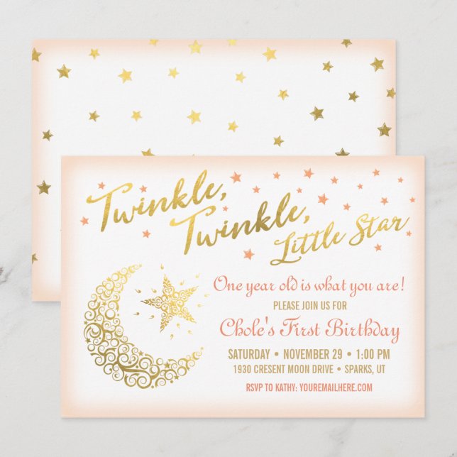 Invitation Twinkle, Twinkle, Little Star Anniversaire coral (Devant / Derrière)