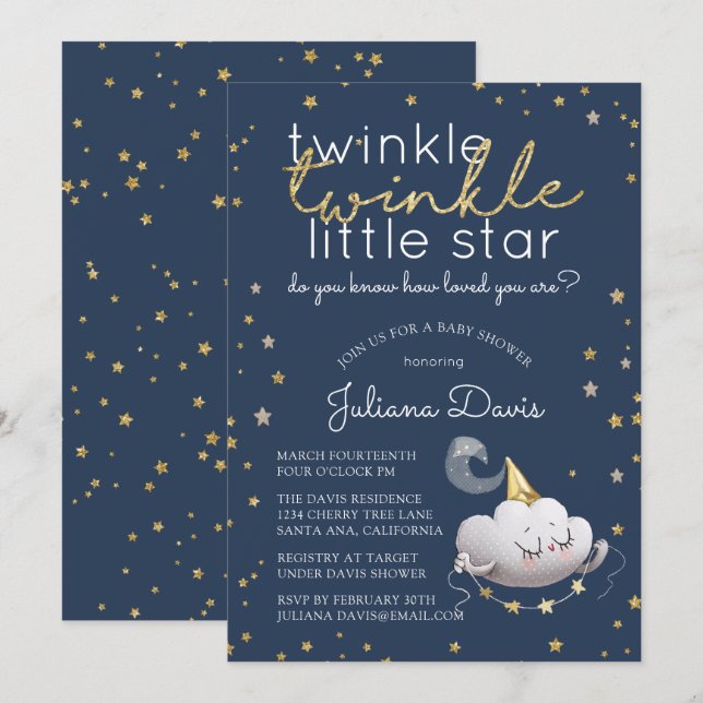 Invitation Twinkle Twinkle Little Star Baby shower (Devant / Derrière)