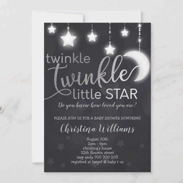 Invitation Twinkle Twinkle Little Star Baby shower argent (Devant)