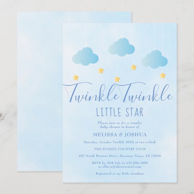 Invitation Twinkle Twinkle Little Star Baby shower bleu garço (Devant / Derrière)
