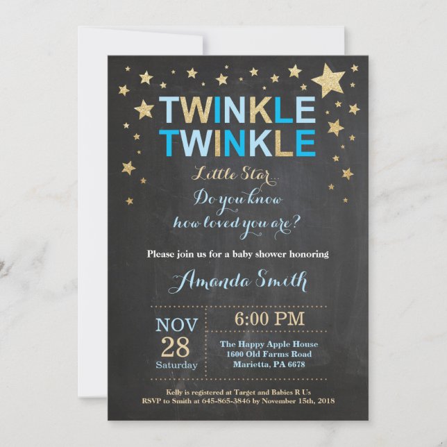Invitation Twinkle Twinkle Little Star Baby shower bleu or (Devant)