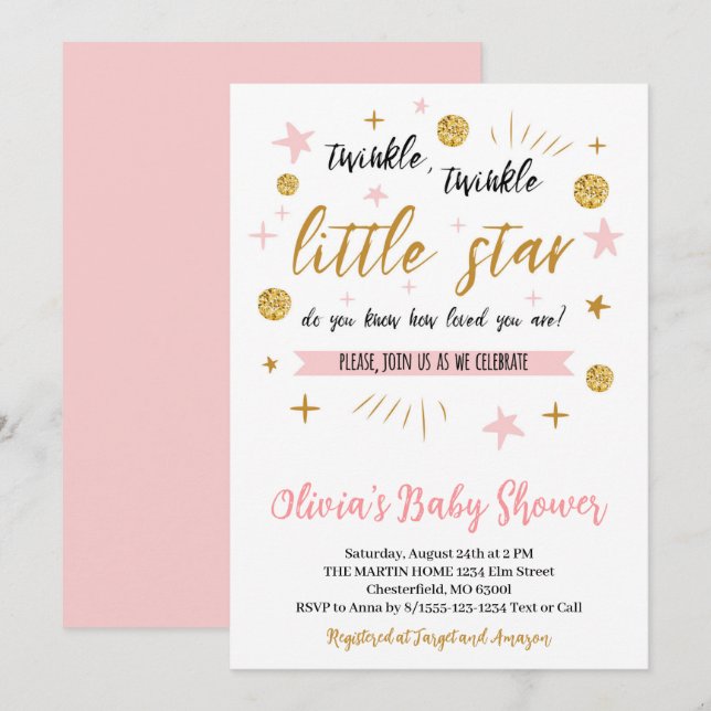 Invitation Twinkle Twinkle Little Star Baby shower, Rose or (Devant / Derrière)