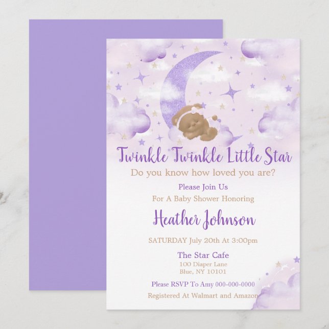 Invitation Twinkle Twinkle Little Star Bear Baby shower (Devant / Derrière)