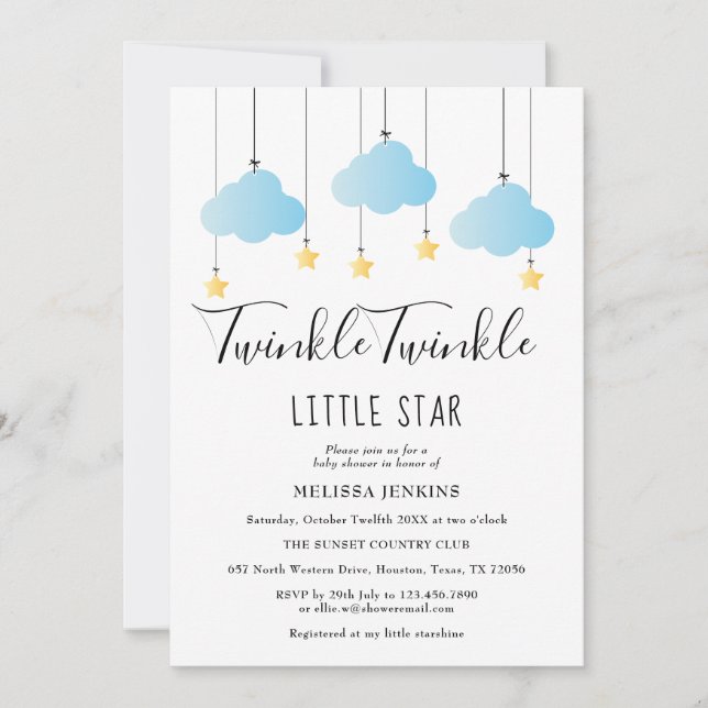 Invitation Twinkle Twinkle Little Star Blue Boy Baby shower (Devant)